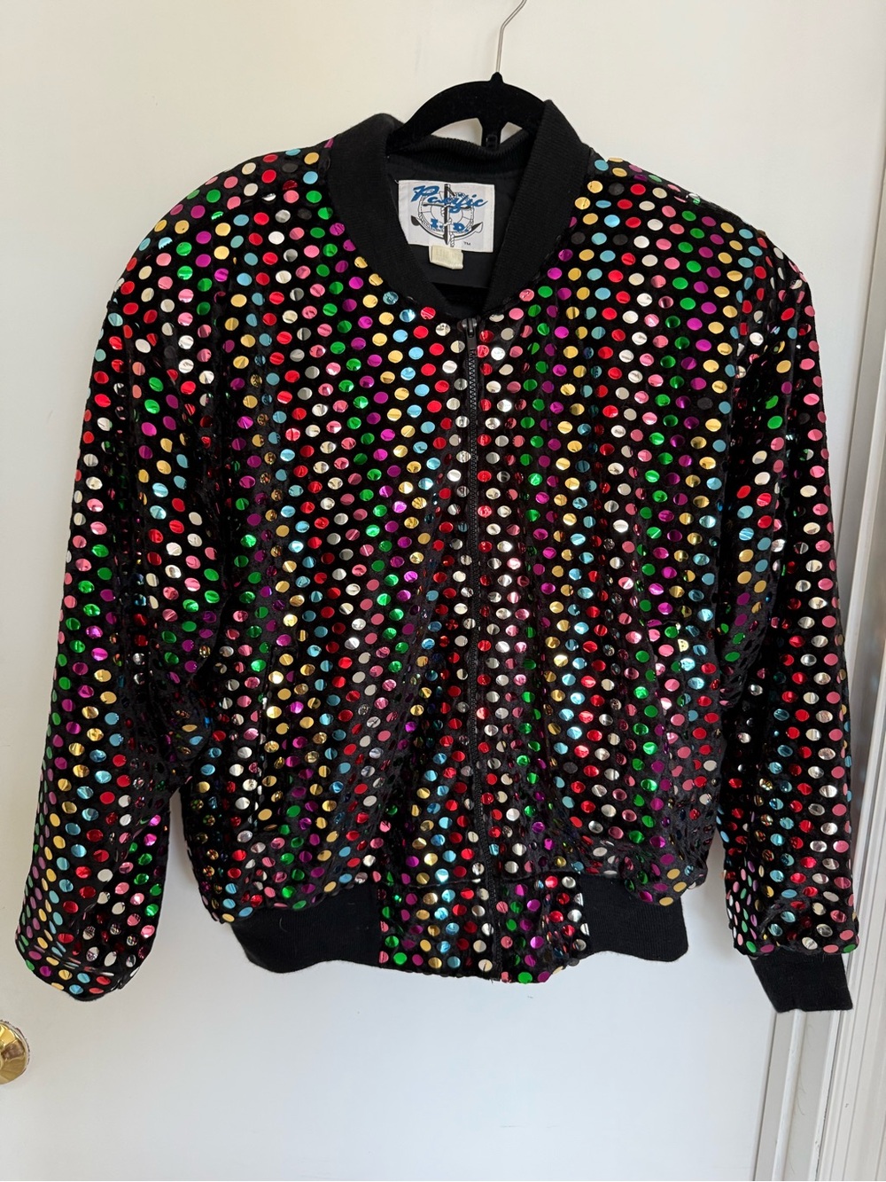Vintage 80s Pacific LTD rainbow Sequin black Bomber Jacket